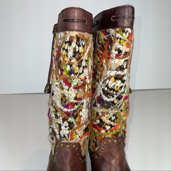 Spring Step Tapestry Woven Mid Calf Boho Western Boot Brown Leather - Picture 6 of 17